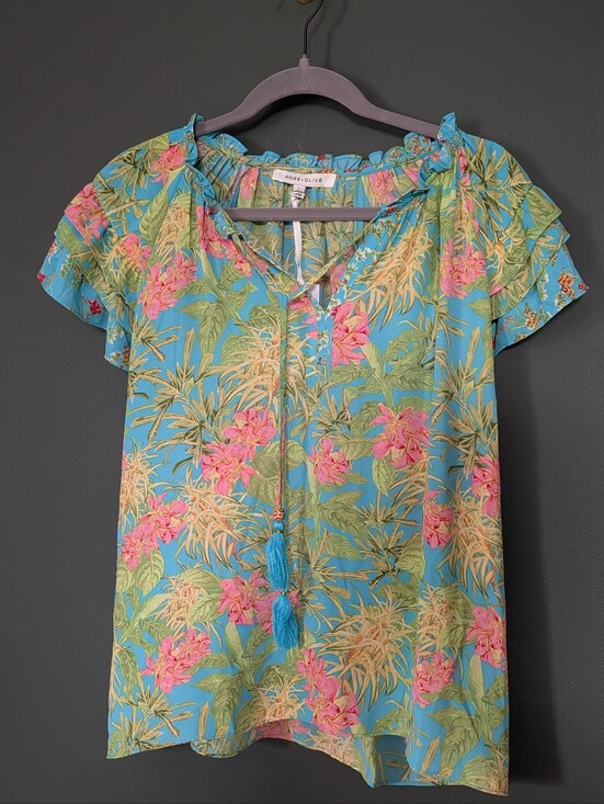 Rose & Olive Tops - Rose & Olive Blue Floral Tassel Peasant Top 0038